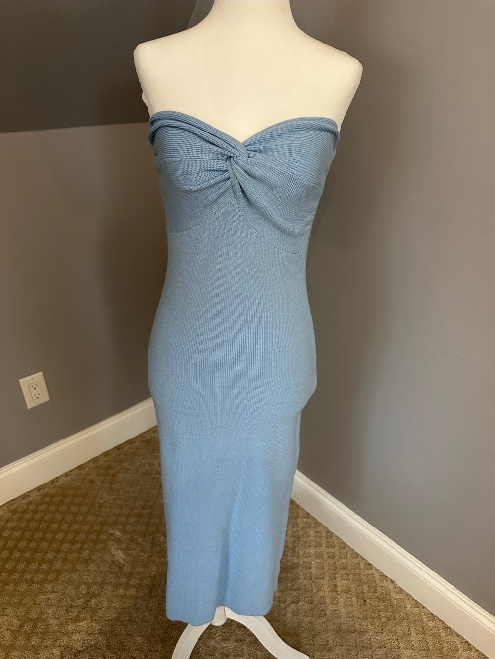 Strapless Twist-Front Midi Dress in Light Blue